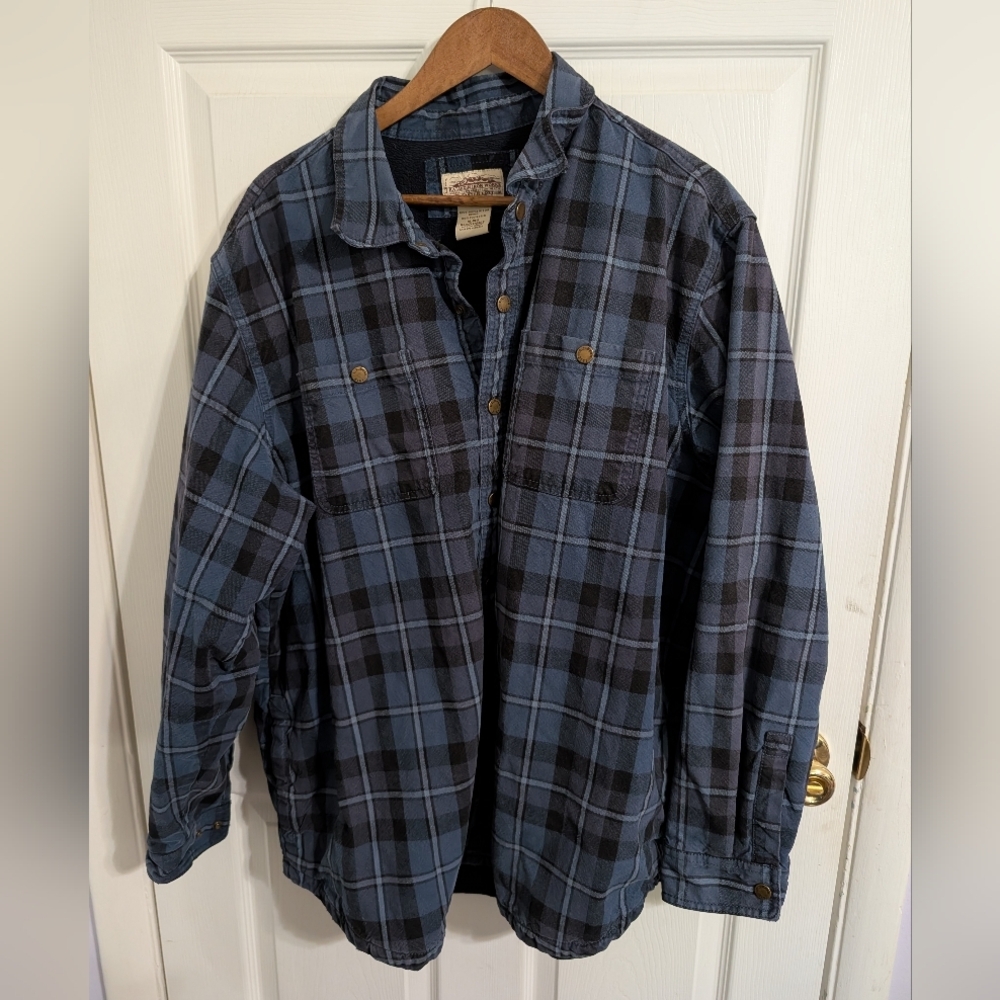 L.L. Bean Katahdin Iron Works Shacket Shirt Blue Fleece Lined Plaid Size XL